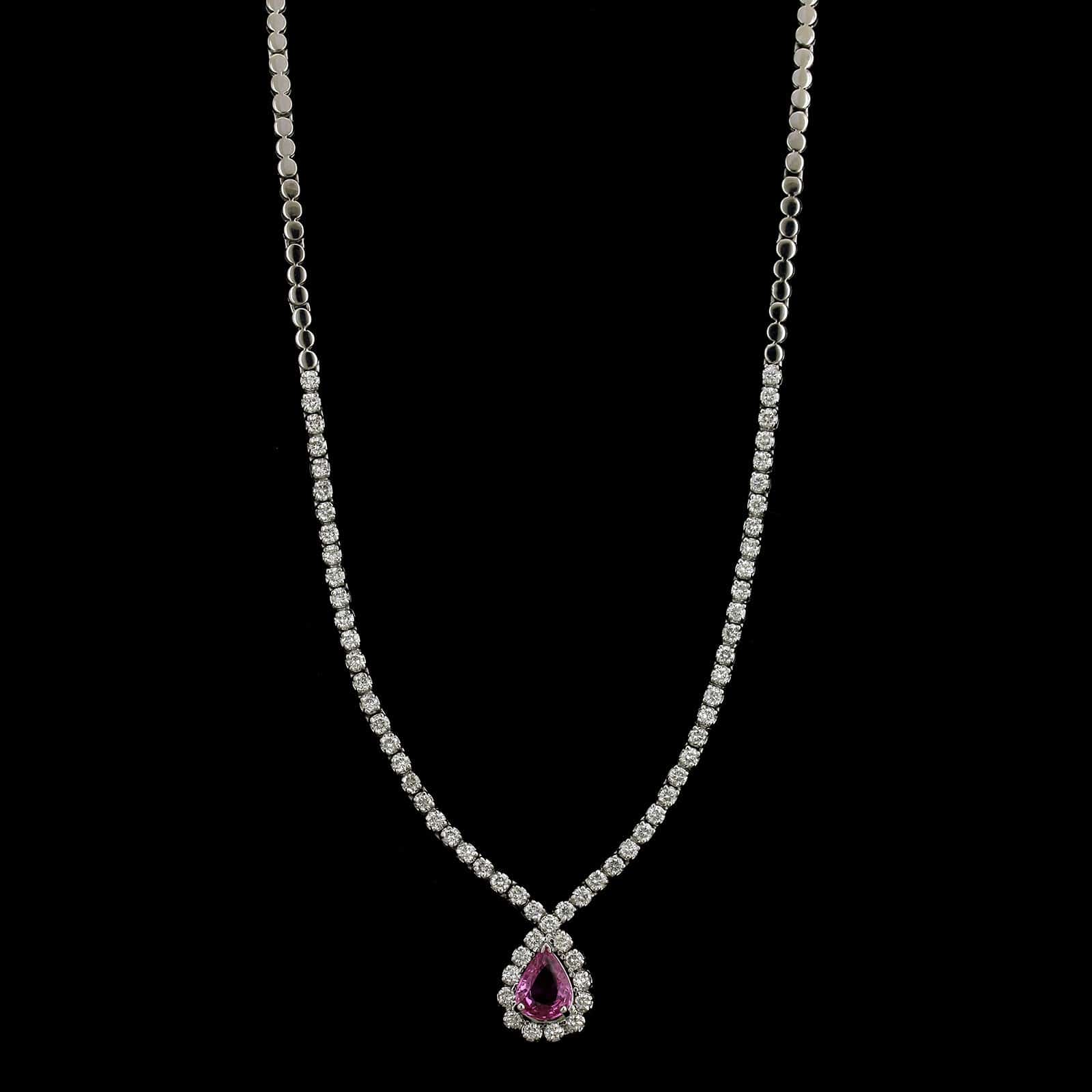 14K White Gold Estate Pink Sapphire and Diamond Necklace