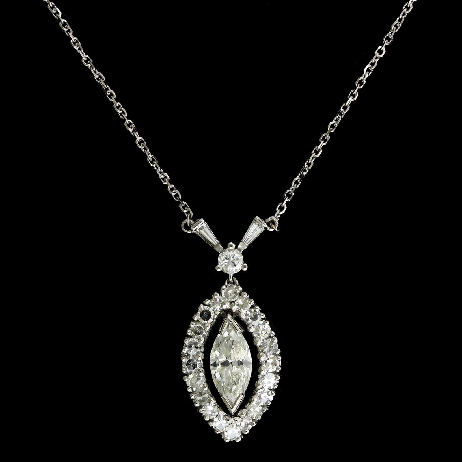 14K White Gold Estate Marquise Diamond Pendant