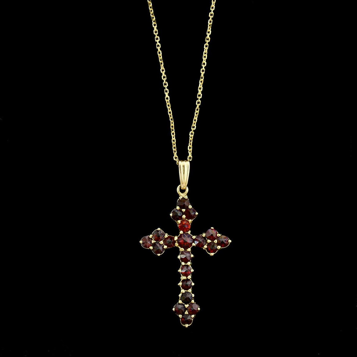 14K Yellow Gold Estate Garnet Cross Pendant Necklace