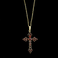 14K Yellow Gold Estate Garnet Cross Pendant Necklace