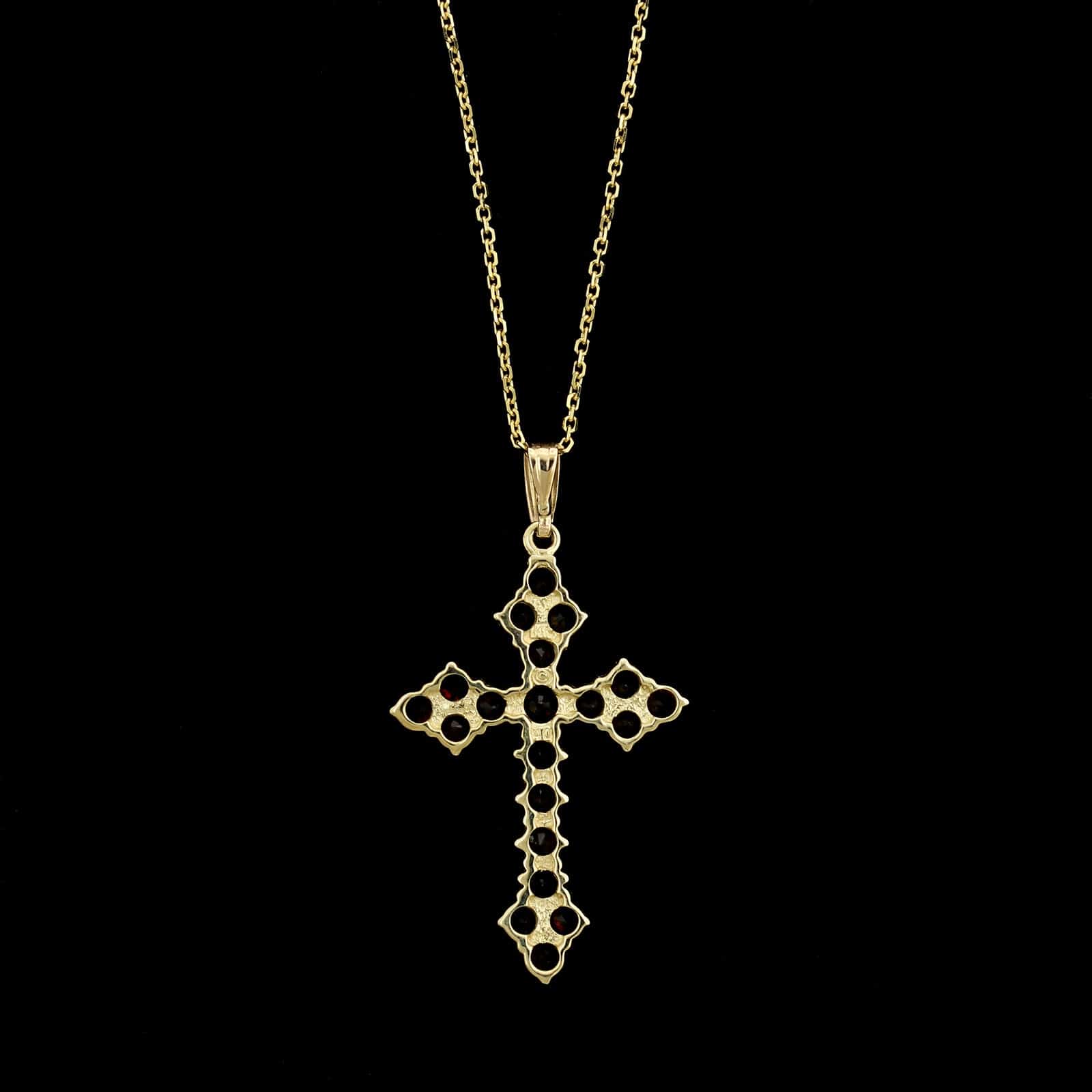 14K Yellow Gold Estate Garnet Cross Pendant Necklace