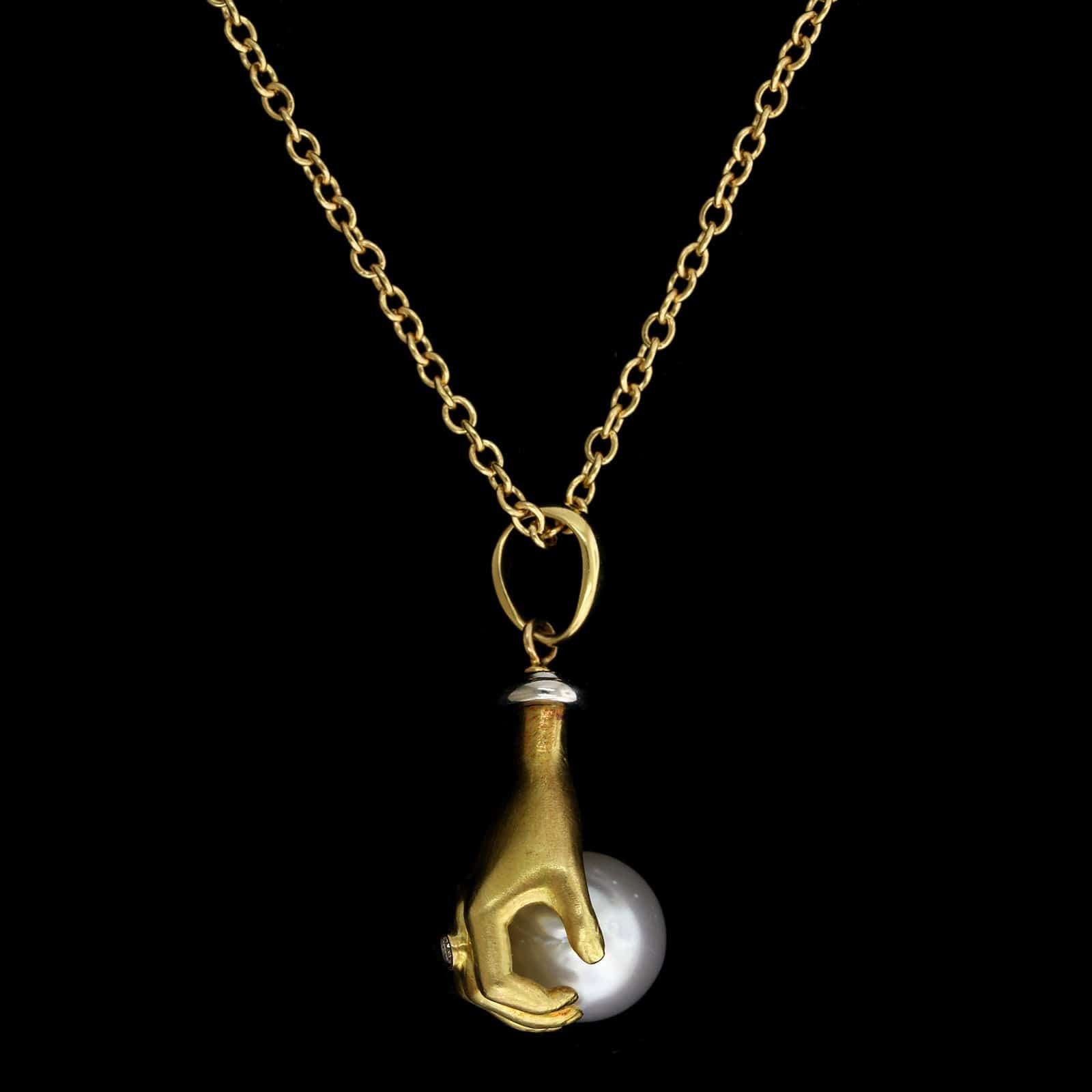 Anthony Lent 18K Yellow Gold, Platinum Estate Cultured South Sea Pearl and Diamond Hand Pendant