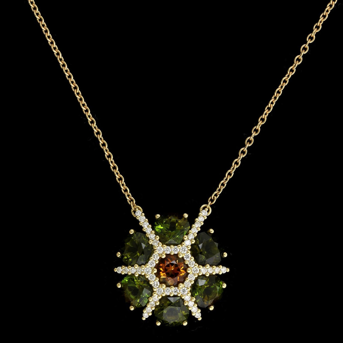 Paul Morelli 18K Yellow Gold Estate Tourmaline and Diamond Fleurette Pendant