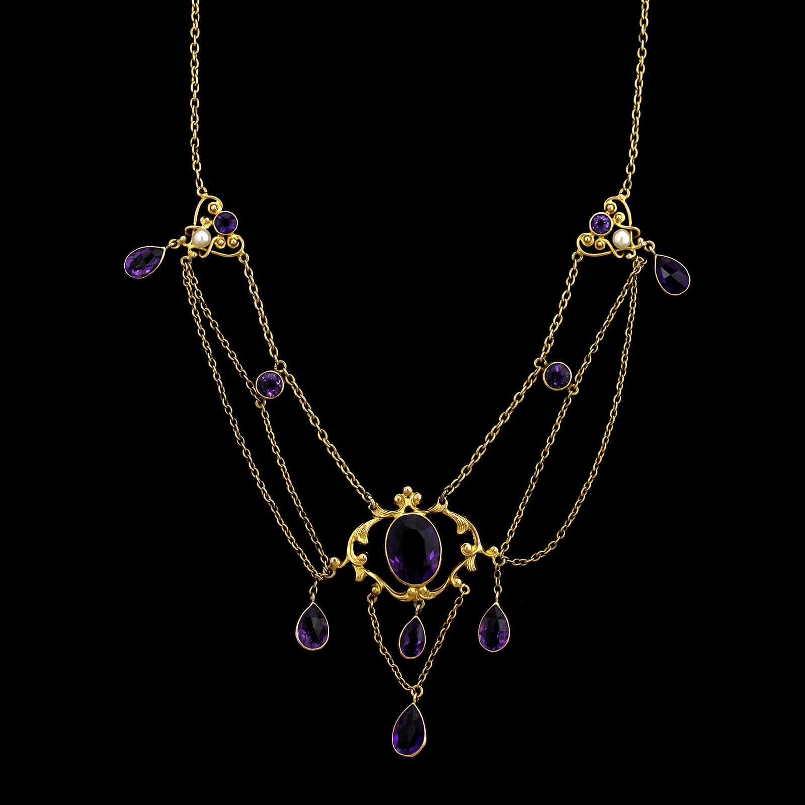 Antique 14K Yellow Gold Estate Amethyst Festoon Necklace