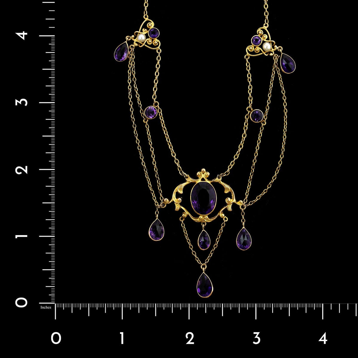 Antique 14K Yellow Gold Estate Amethyst Festoon Necklace