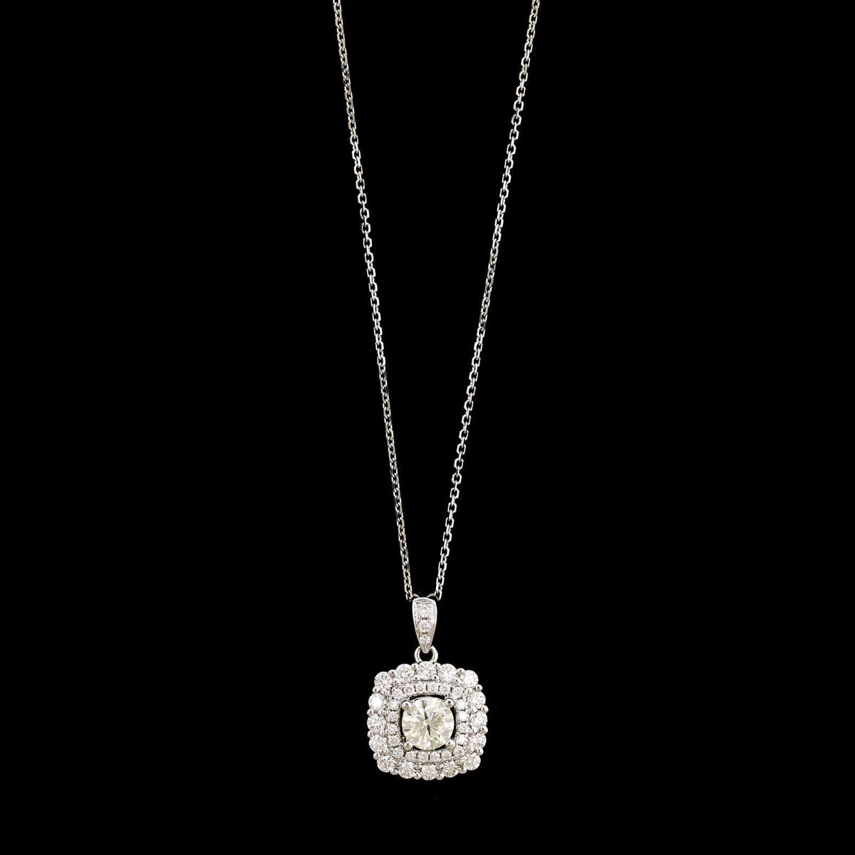 18K White Gold Estate Diamond Double Halo Pendant Necklace