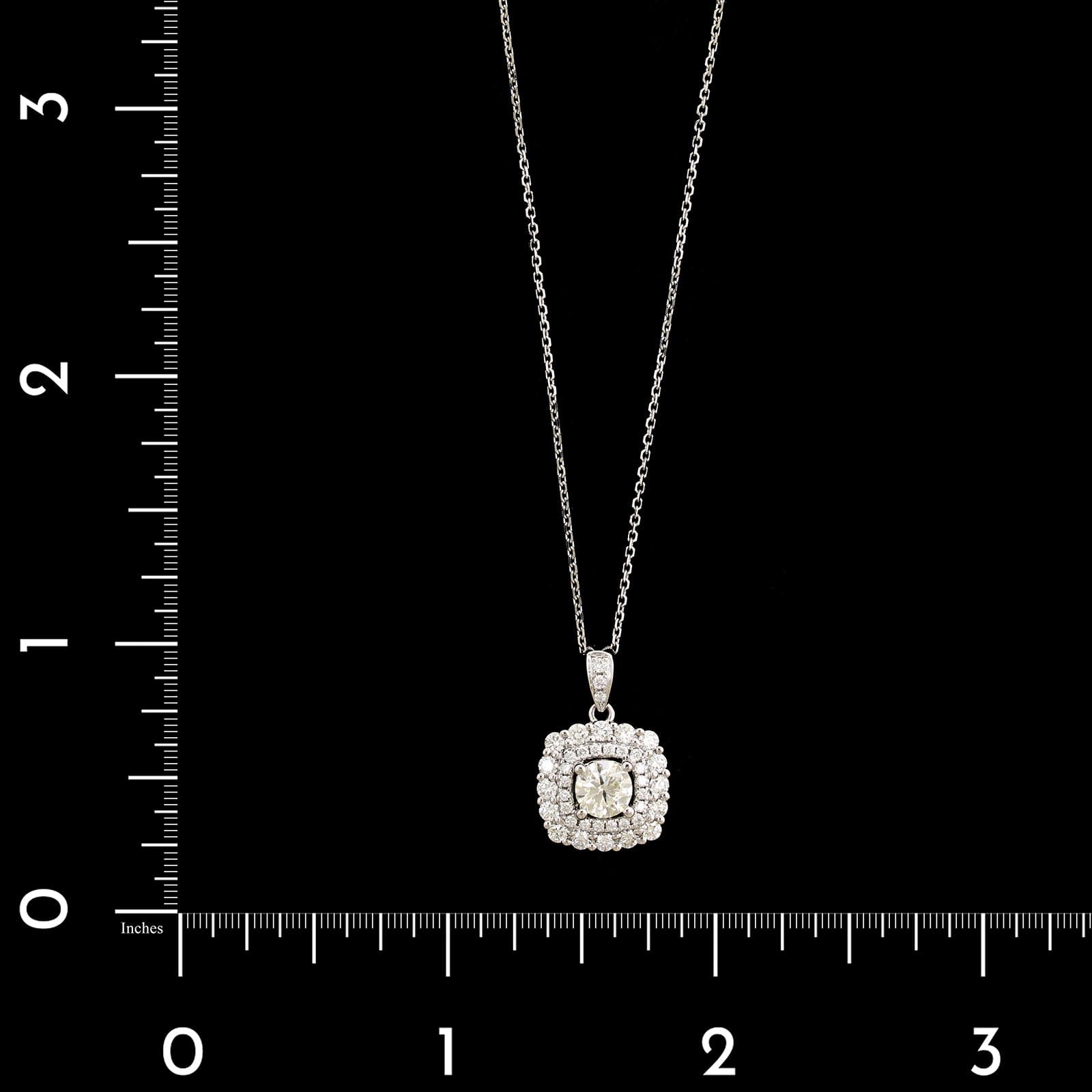 18K White Gold Estate Diamond Double Halo Pendant Necklace