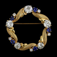 18K Yellow Gold Estate Diamond and Sapphire Circle Pin