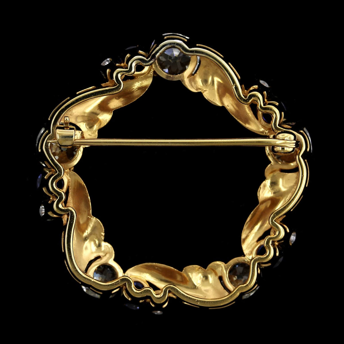 18K Yellow Gold Estate Diamond and Sapphire Circle Pin