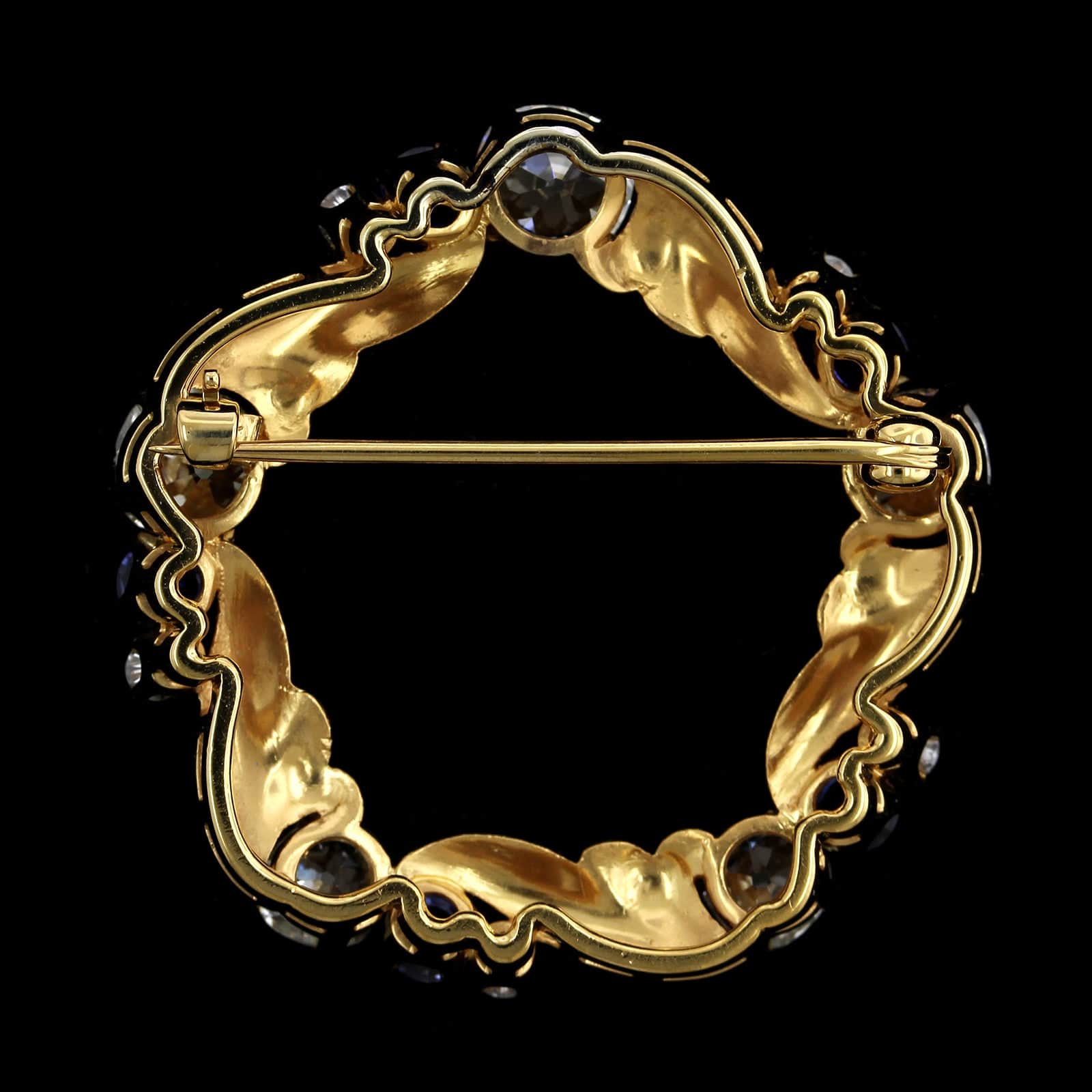 18K Yellow Gold Estate Diamond and Sapphire Circle Pin