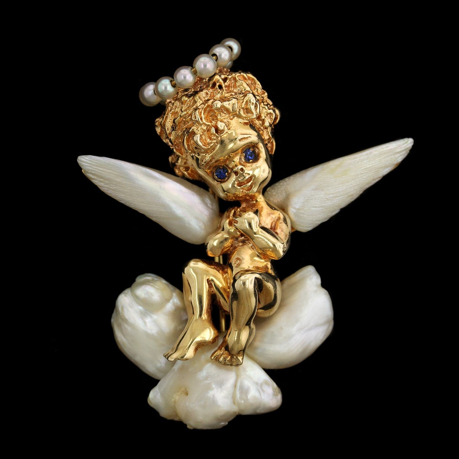 William Ruser 14K Yellow Gold Estate Cultured Pearl Angel Pin