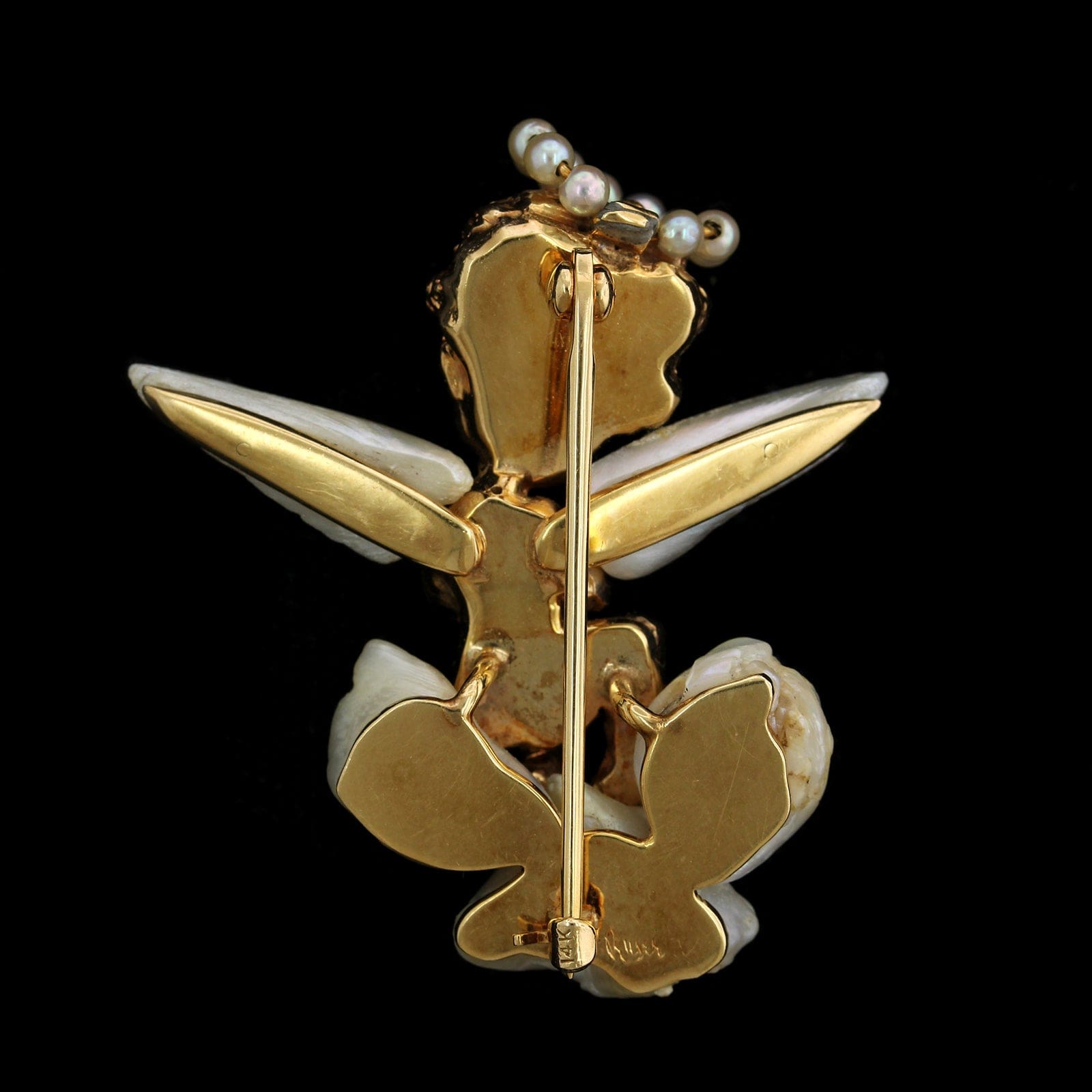 William Ruser 14K Yellow Gold Estate Cultured Pearl Angel Pin