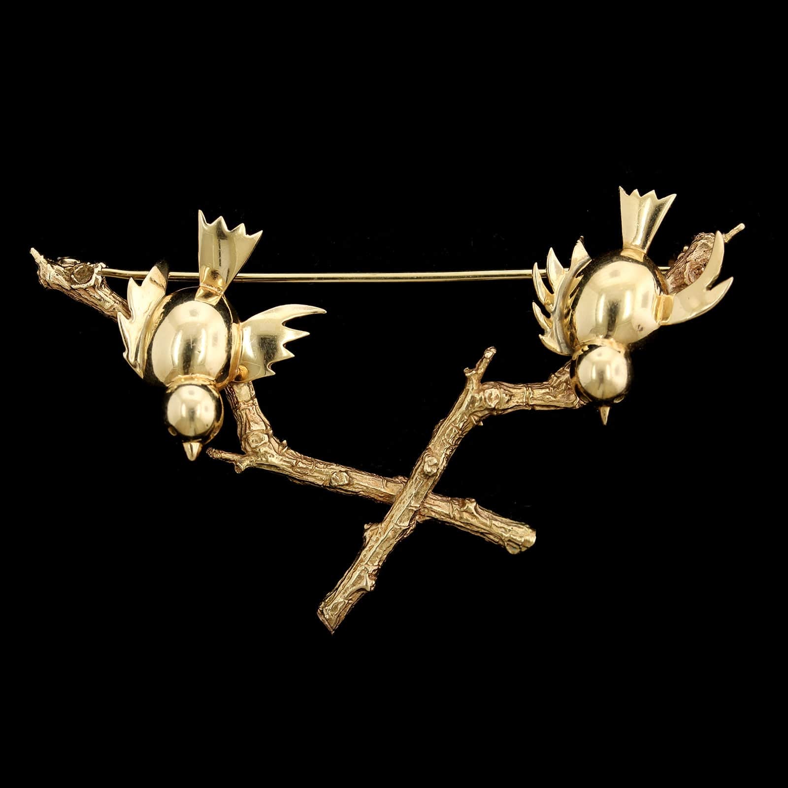 14K Yellow Gold Estate Birds on a Branch Pin