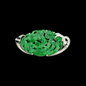 Art Deco Platinum Estate Jadeite, Onyx and Diamond Pin