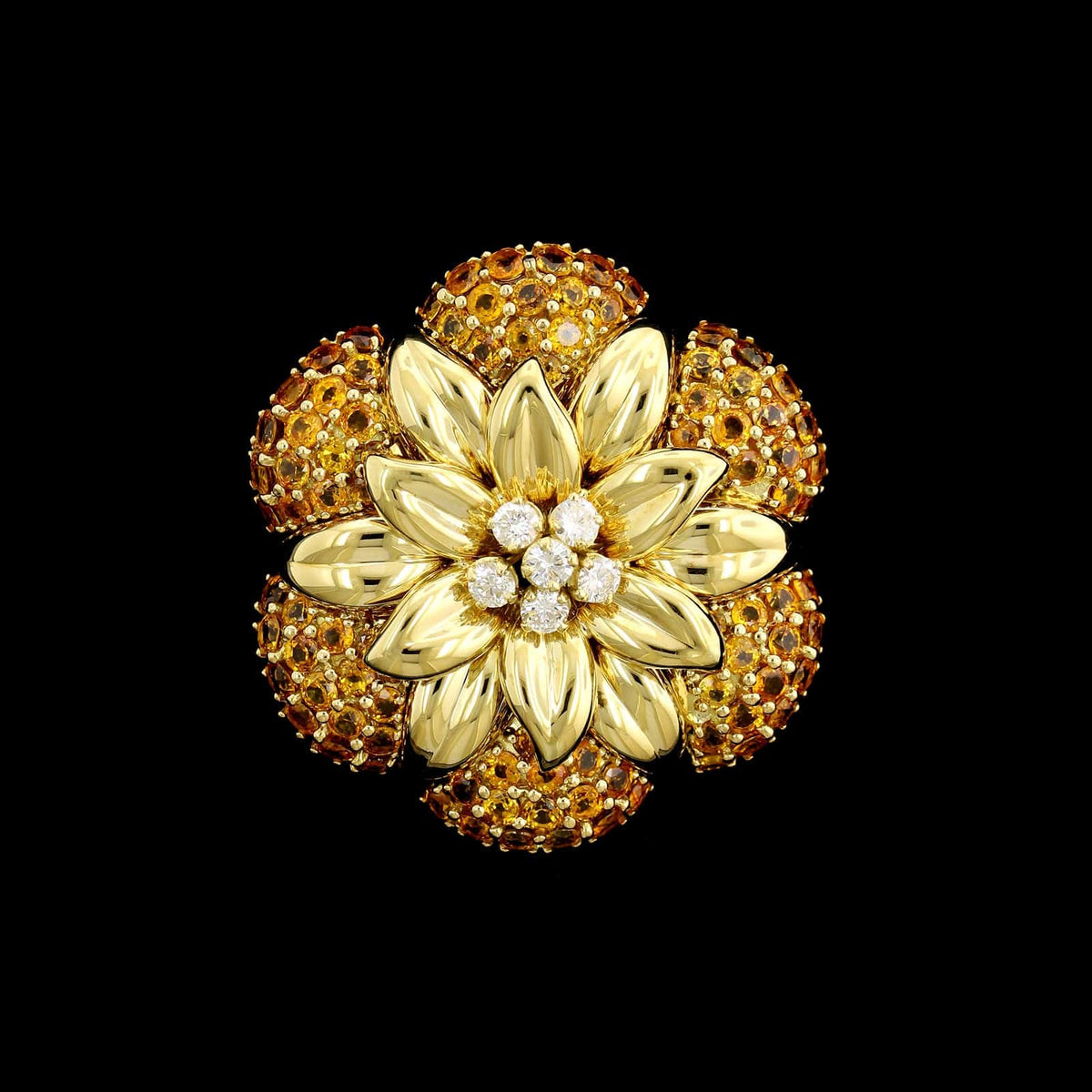 Sabbadini 18K Yellow Gold Estate Yellow Sapphire and Diamond Flower Brooch