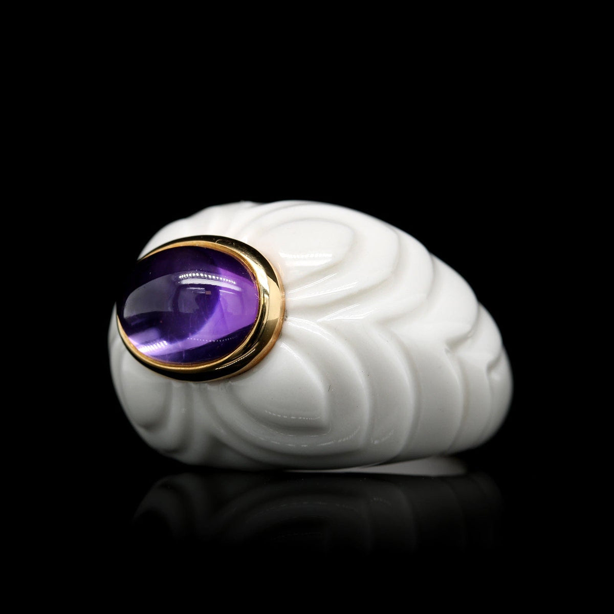 Bulgari 18K Yellow Gold Estate White Ceramic and Amethyst Chandra Ring