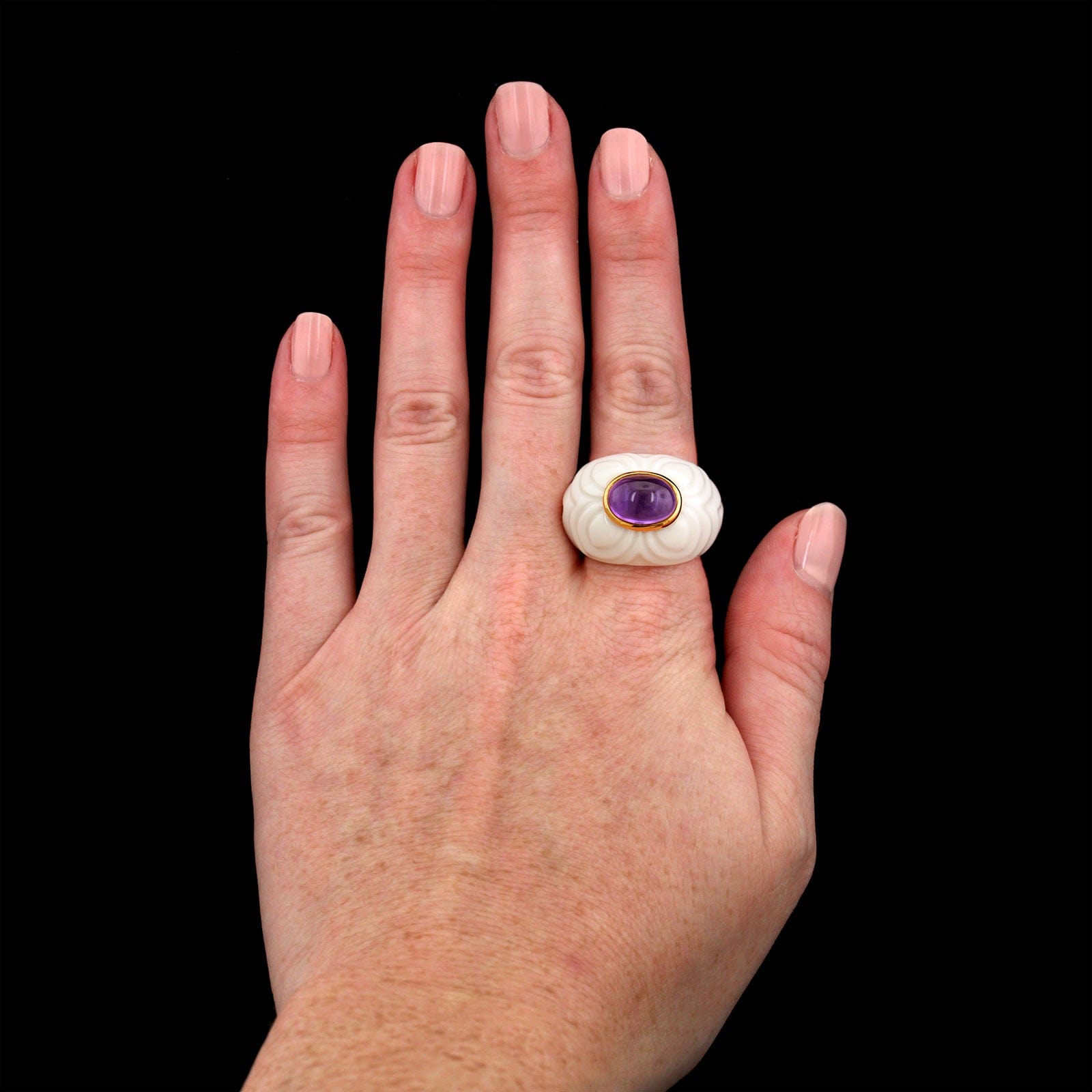 Bulgari 18K Yellow Gold Estate White Ceramic and Amethyst Chandra Ring