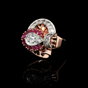 Retro 14K Rose Gold Estate Ruby and Diamond Ring