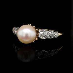 Antique 18K Yellow Gold, Platinum Estate Cultured Pearl and Diamond Ring