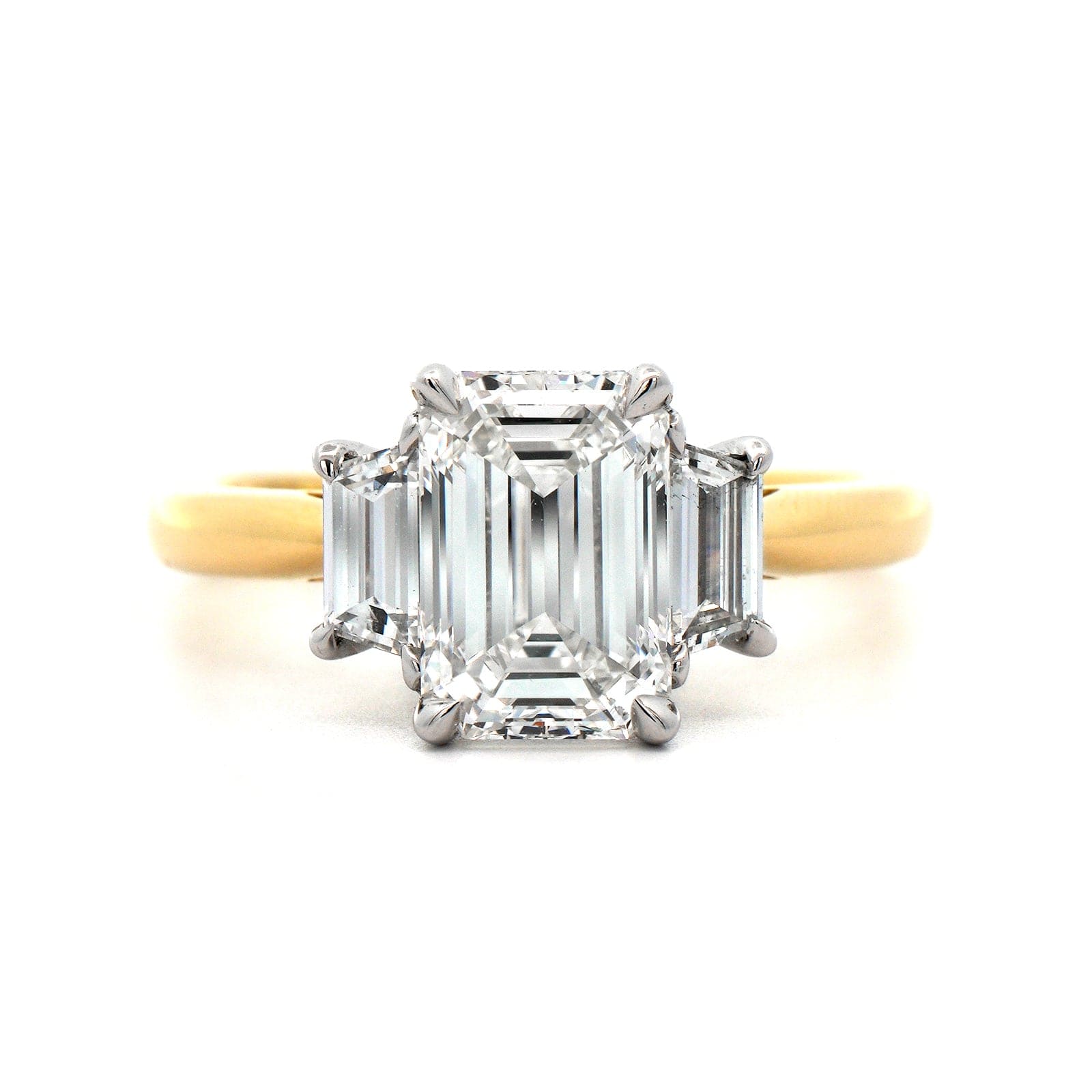 18K Yellow Gold 3 Stone Emerald Cut Diamond Engagement Ring