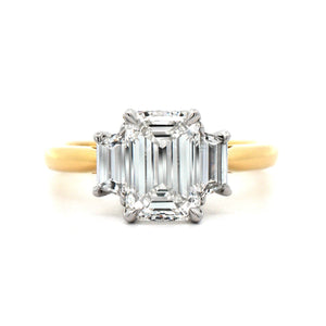 18K Yellow Gold 3 Stone Emerald Cut Diamond Engagement Ring