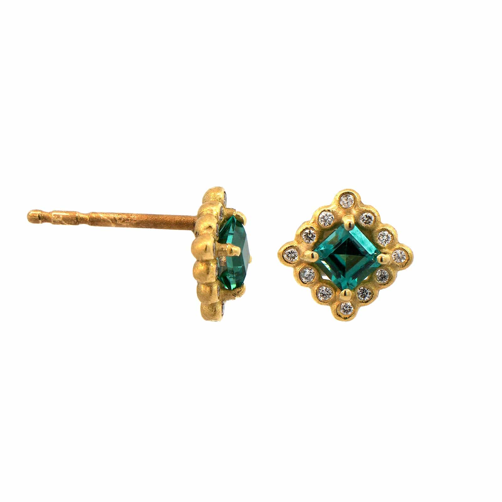 Suzy Landa 18K Yellow Gold Green Tourmaline and Diamond Stud Earrings