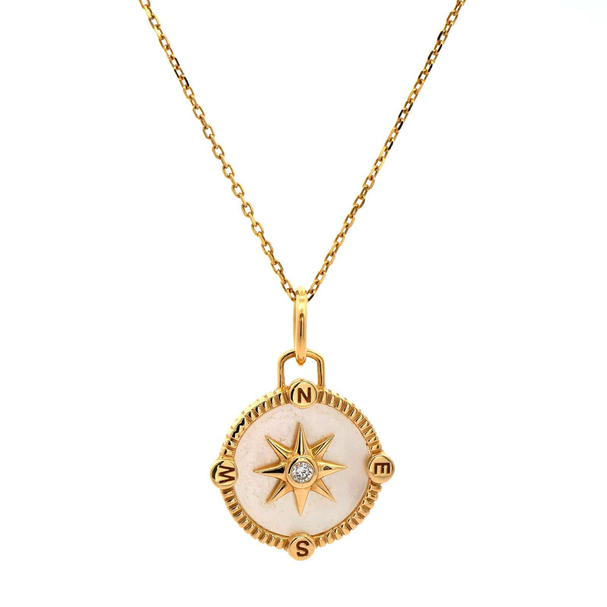 18K Yellow Gold Diamond and Mother of Pearl Compass Charm Necklace