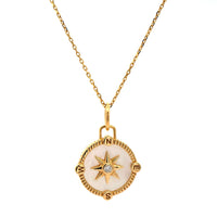 18K Yellow Gold Diamond and Mother of Pearl Compass Charm Necklace