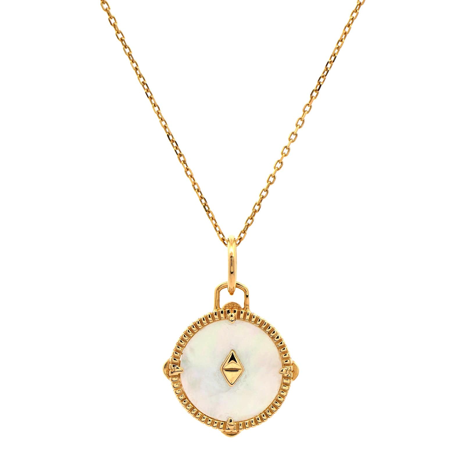 18K Yellow Gold Diamond and Mother of Pearl Compass Charm Necklace