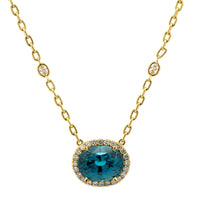 18K Yellow Gold Blue Zircon Diamond Halo Necklace