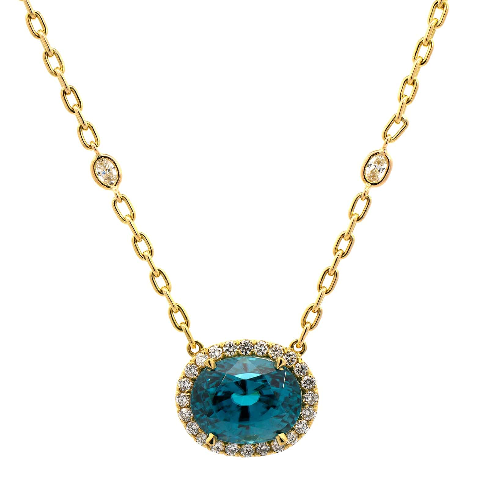 18K Yellow Gold Blue Zircon Diamond Halo Necklace