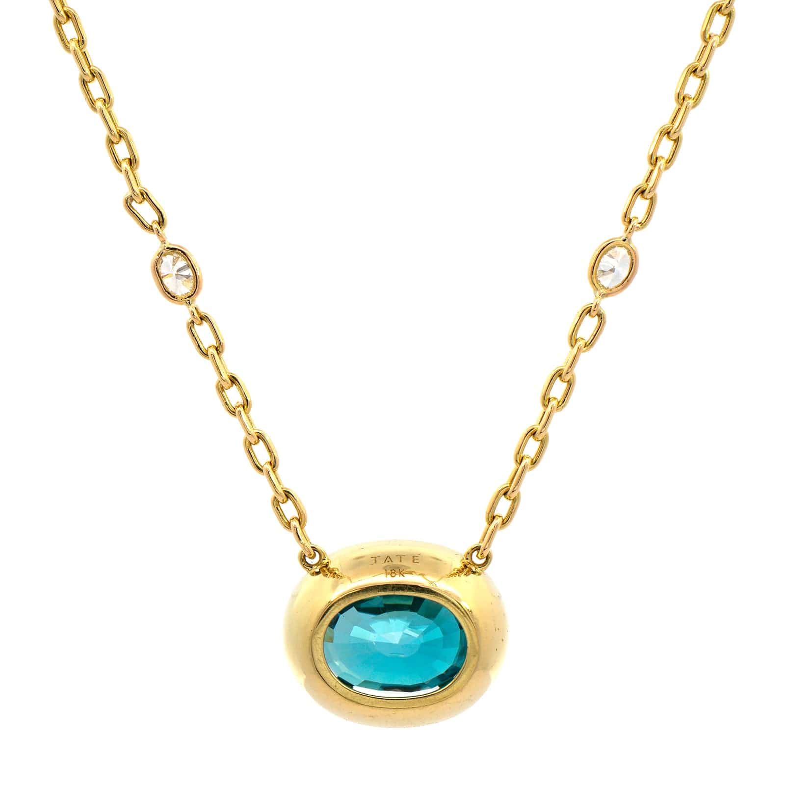 18K Yellow Gold Blue Zircon Diamond Halo Necklace