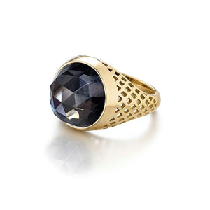 18K Yellow Gold Checkerboard Hematite Crownwork Pinky Ring