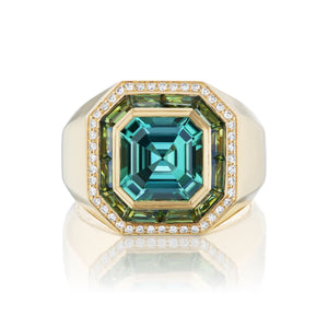 18K Yellow Gold Mint Tourmaline, Sapphire, and Diamond Ring