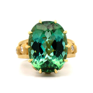 18K Yellow Gold Large Oval Tourmaline and Diamond Cocktail Ring