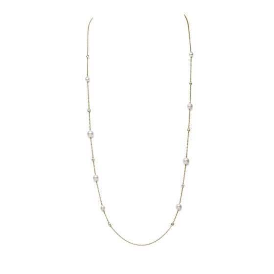 Mikimoto 18K Yellow Gold Akoya Cultured Pearl and Diamond Station Collection Necklace