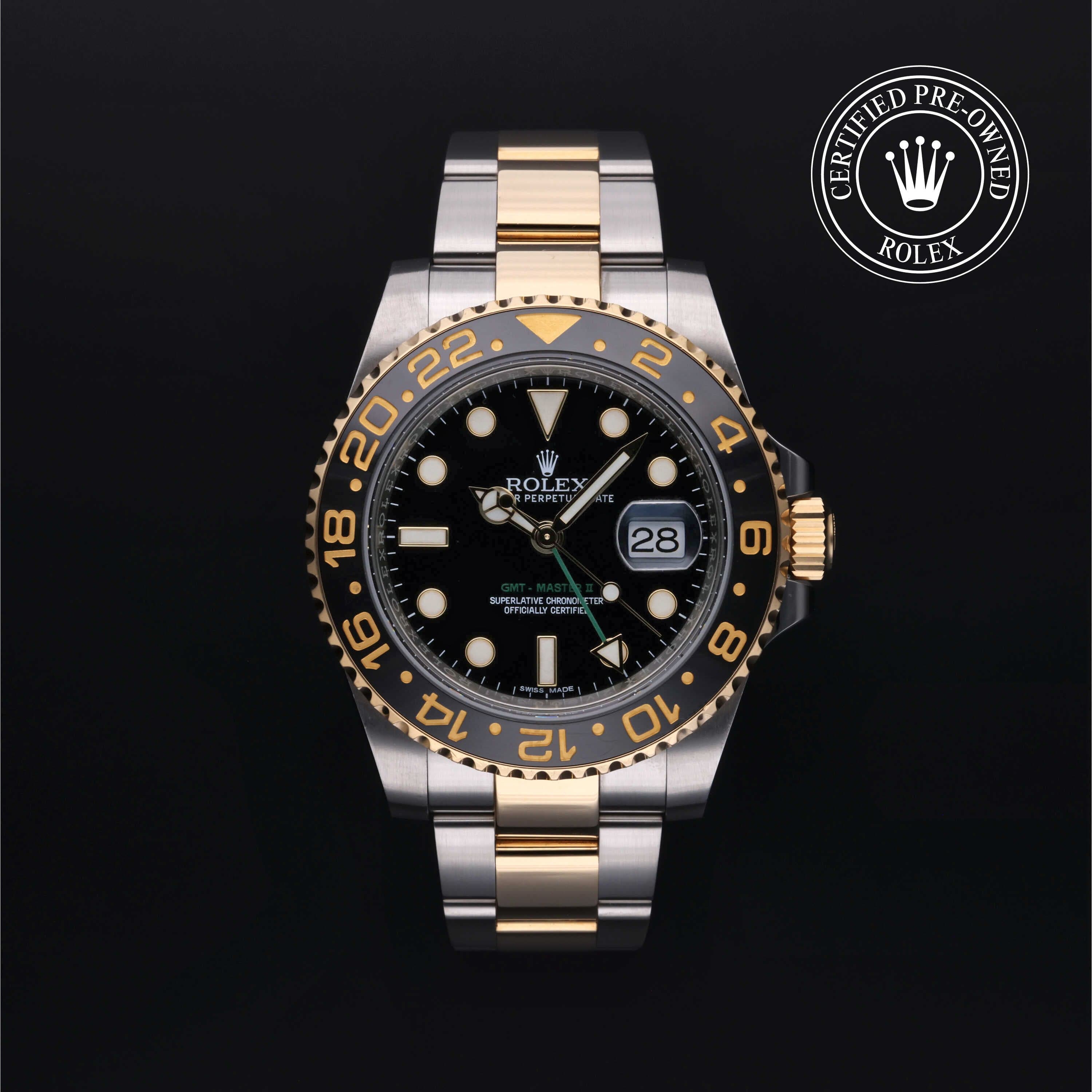 Rolex Certified Pre-Owned GMT Master II in Oyster, 40 mm, Stainless Steel and 18k yellow gold 116713LN watch available at Long's Jewelers.