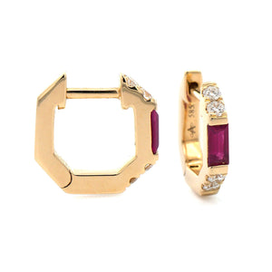 14K Yellow Gold Baguette Ruby and Round Diamond Huggie Earrings