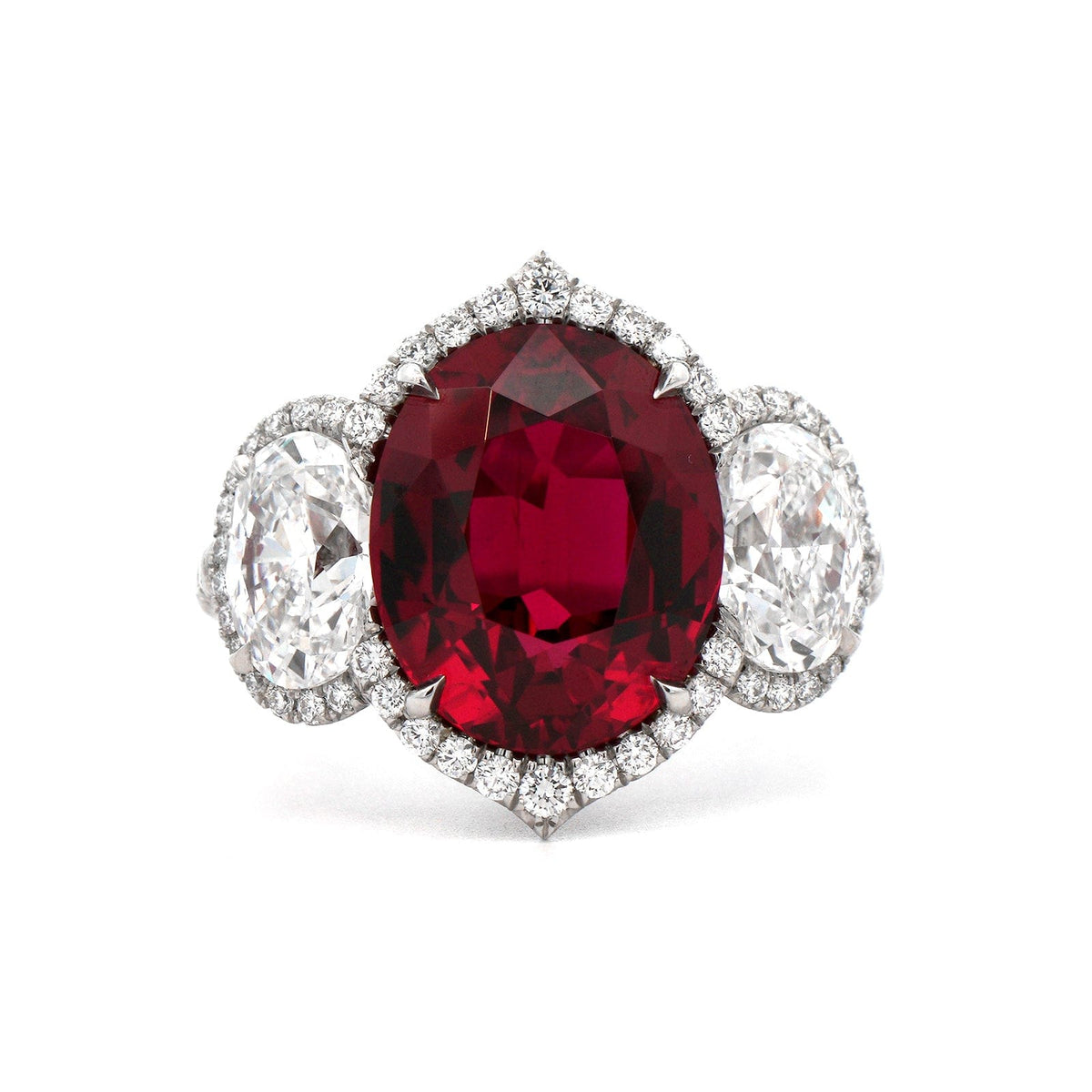 Bayco Platinum Oval Ruby and Diamond 3 Stone Ring