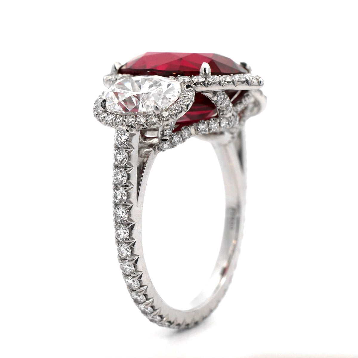 Bayco Platinum Oval Ruby and Diamond 3 Stone Ring