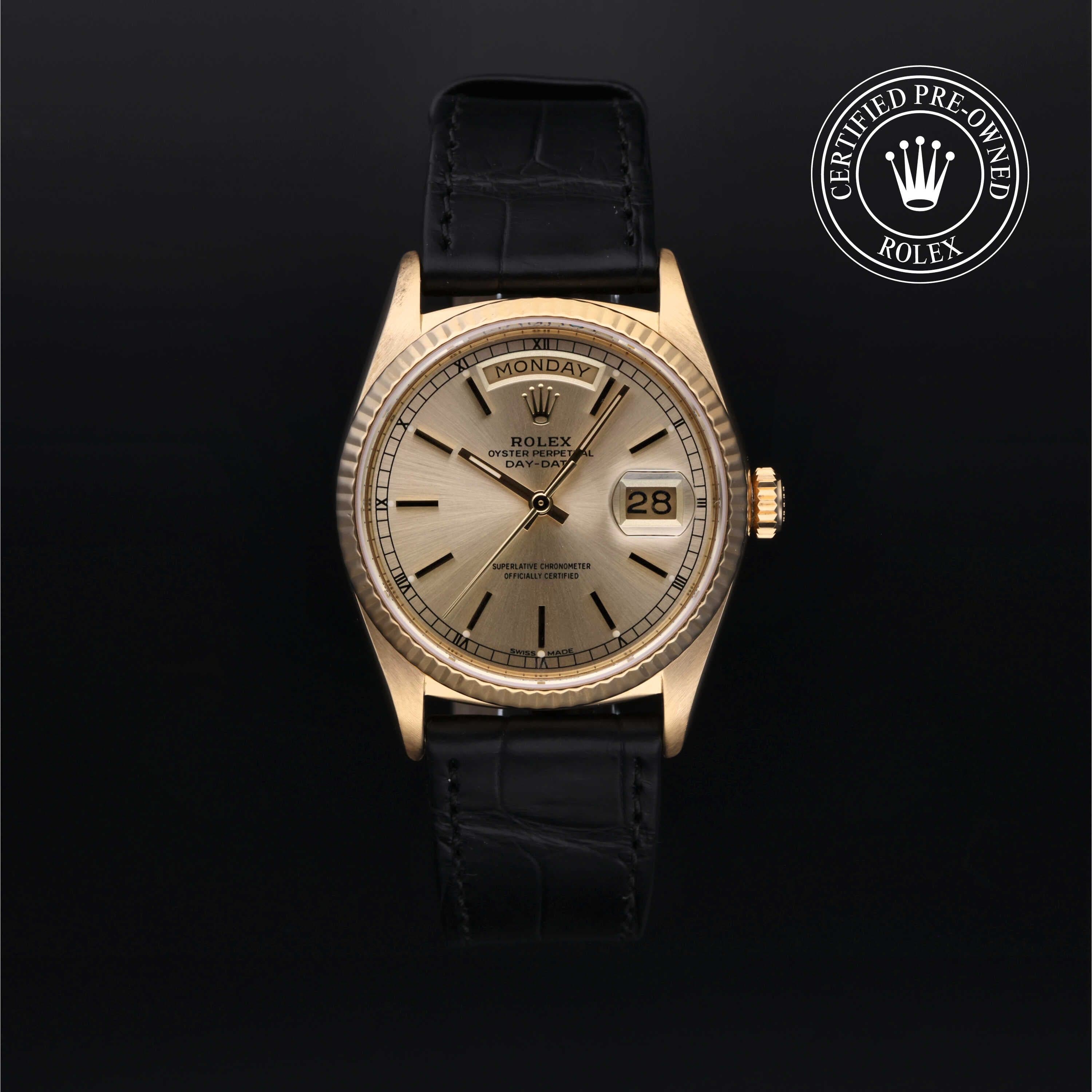 Rolex Certified Pre-Owned Day-Date in Oyster, 36 mm, 18k yellow gold 18038 watch available at Long's Jewelers.