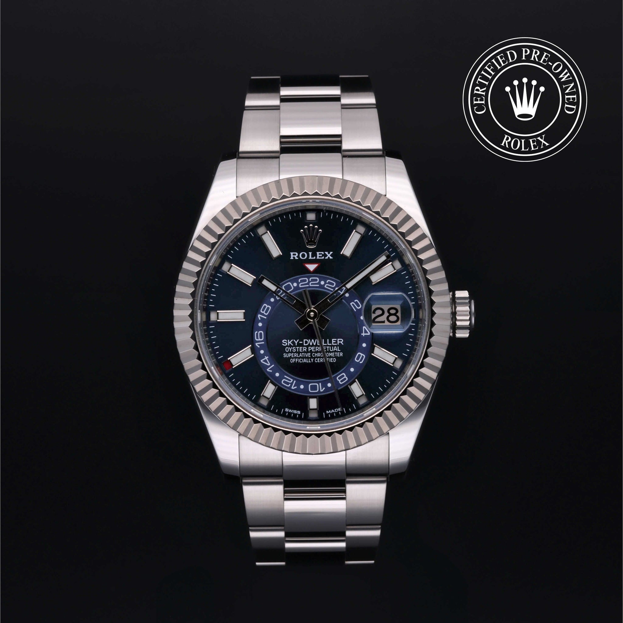 Rolex Certified Pre-Owned Sky-Dweller in Oyster, 42 mm, Stainless Steel and White Gold 326934 watch available at Long's Jewelers.