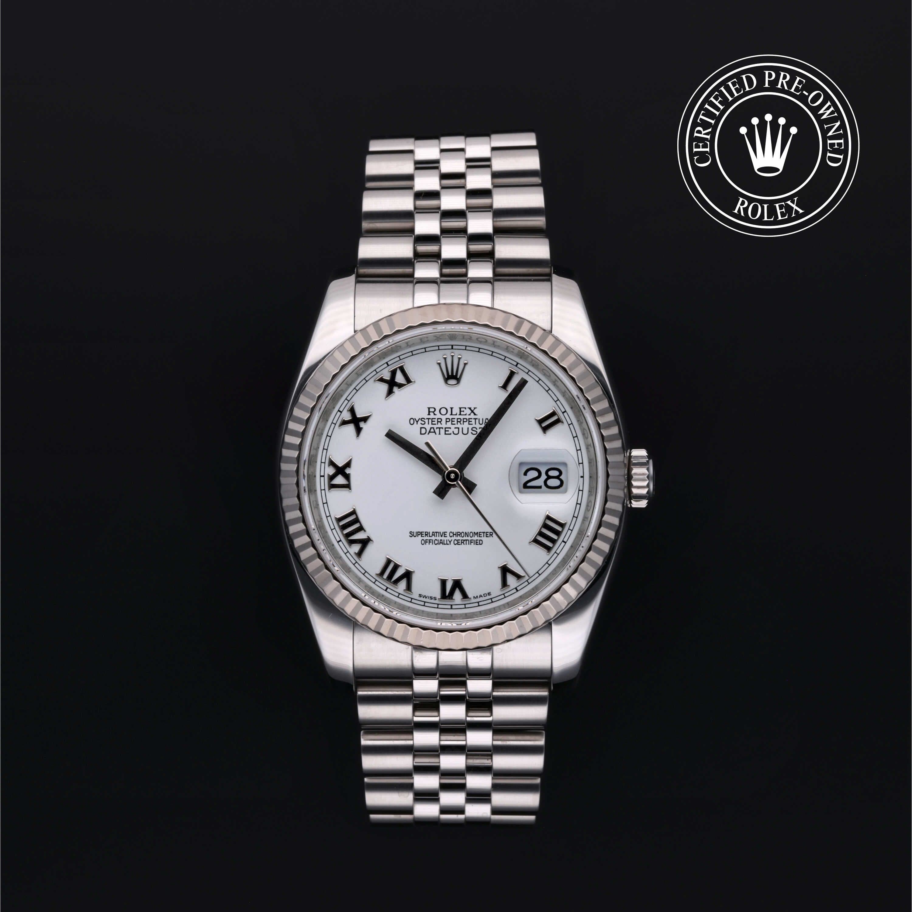 Rolex Certified Pre-Owned Datejust in Oyster, 36 mm, Stainless Steel and white gold 116234 watch available at Long's Jewelers.