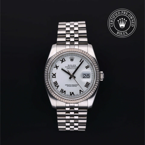 Rolex Certified Pre-Owned Datejust in Oyster, 36 mm, Stainless Steel and white gold 116234 watch available at Long's Jewelers.