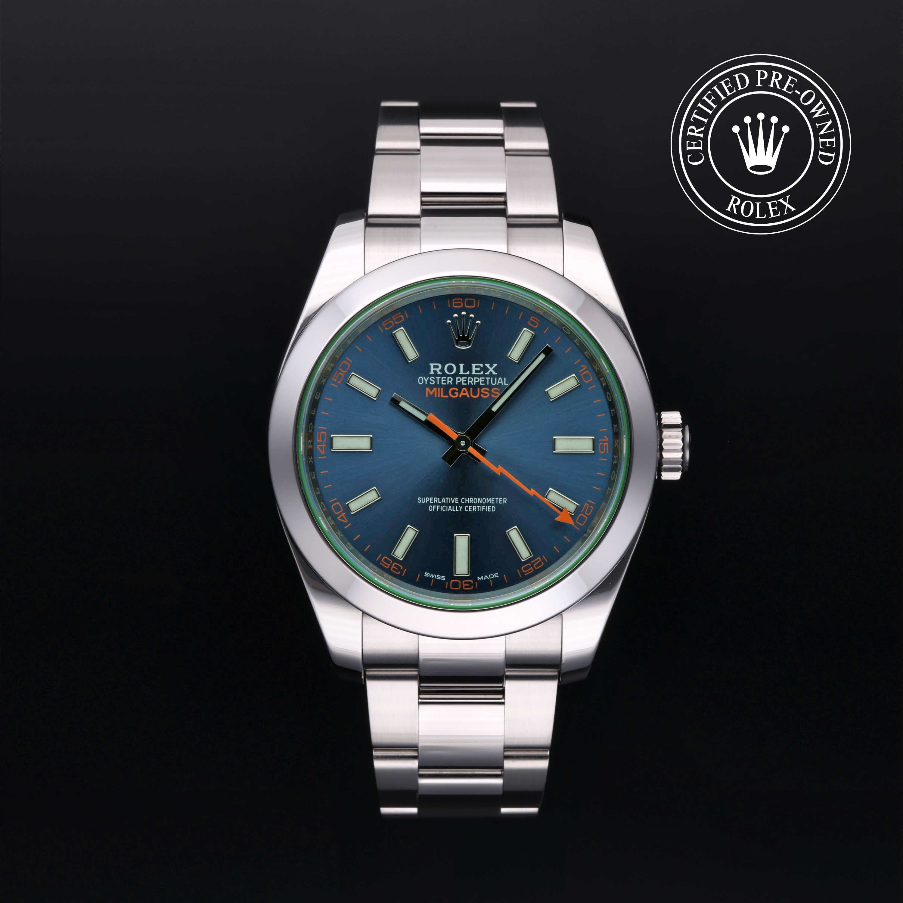 Rolex Certified Pre-Owned Oyster Perpetual Milgauss in Oyster, 40 mm, Stainless Steel 116400GV watch available at Long's Jewelers.