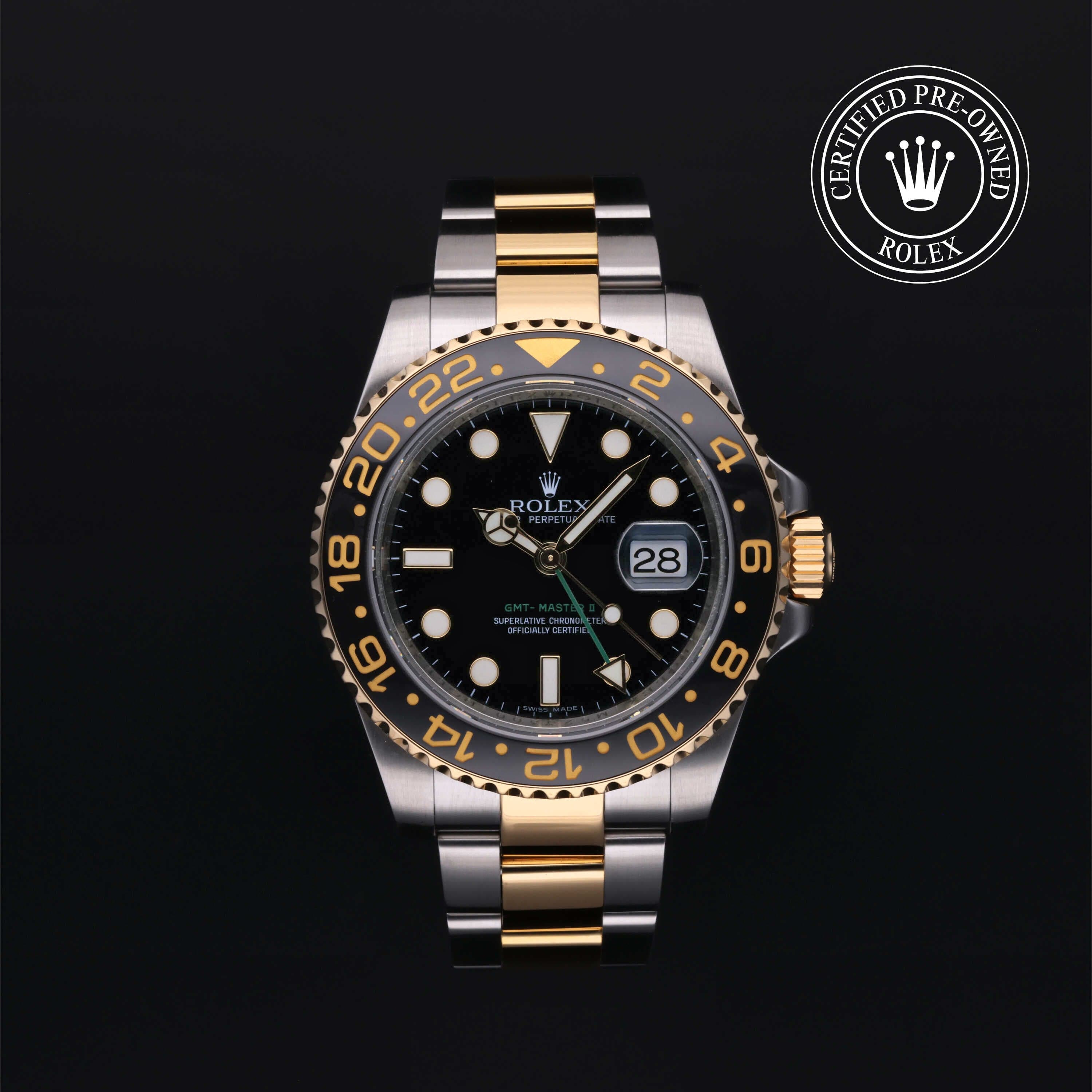 Rolex Certified Pre-Owned GMT Master II in Oyster, 40 mm, Stainless steel and yellow gold 116713LN watch available at Long's Jewelers.