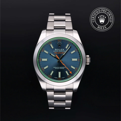 Rolex Certified Pre-Owned Oyster Perpetual Milgauss in Oyster, 40 mm, Stainless Steel 116400GV watch available at Long's Jewelers.