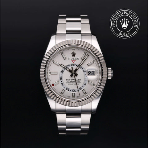 Rolex Certified Pre-Owned Sky-Dweller in Oyster, 42 mm, Stainless Steel and White Gold 326934 watch available at Long's Jewelers.