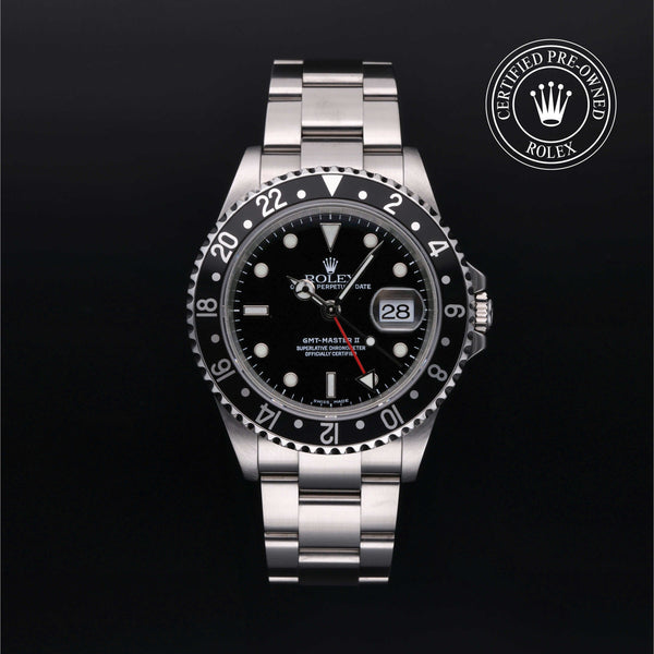 Rolex Certified Pre-Owned GMT Master II in Oyster, 40 mm, Stainless steel 16710LN watch available at Long's Jewelers.