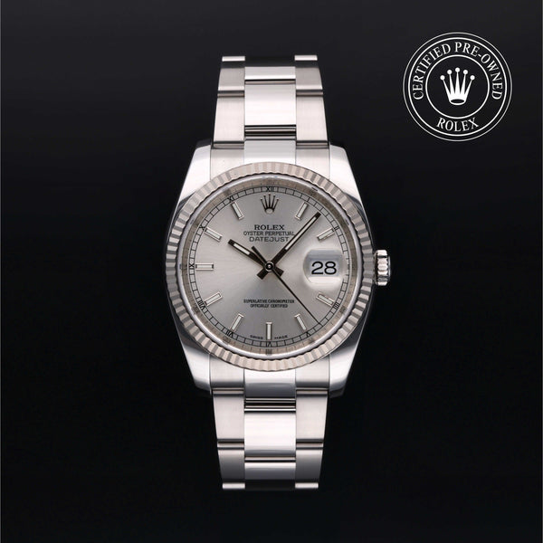 Rolex Certified Pre-Owned Datejust in Oyster, 36 mm, Stainless Steel and white gold 116234 watch available at Long's Jewelers.